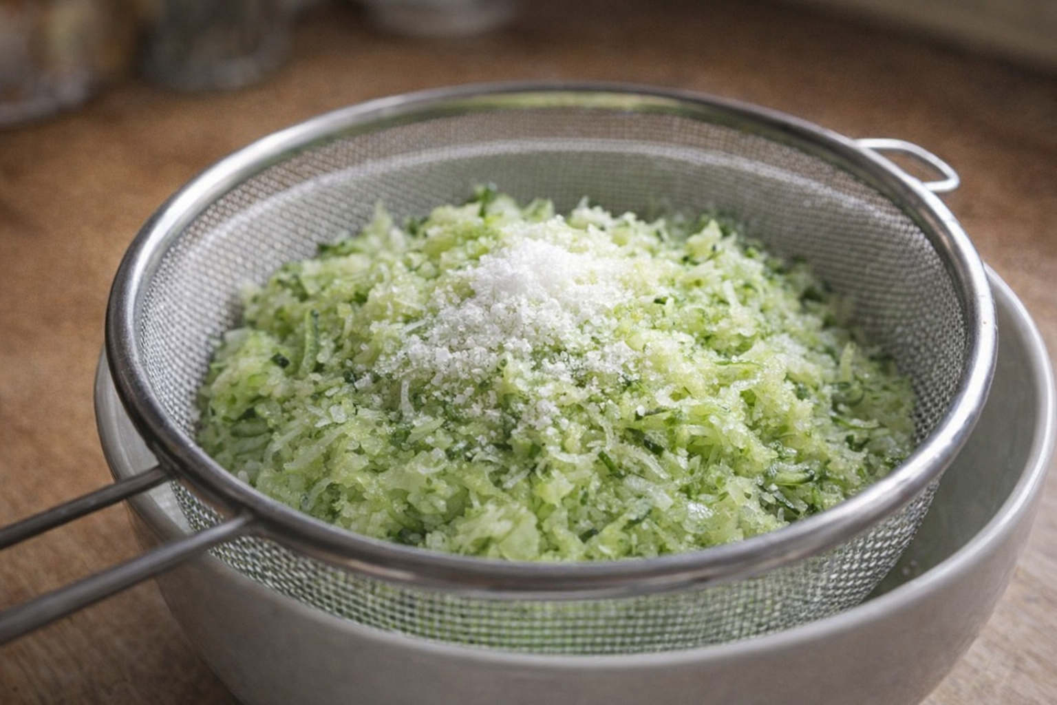 A close-up shot of grated cucumber in a fine-mesh strainer over a bowl, salt sprinkled on top. Natural light highlighting the texture.